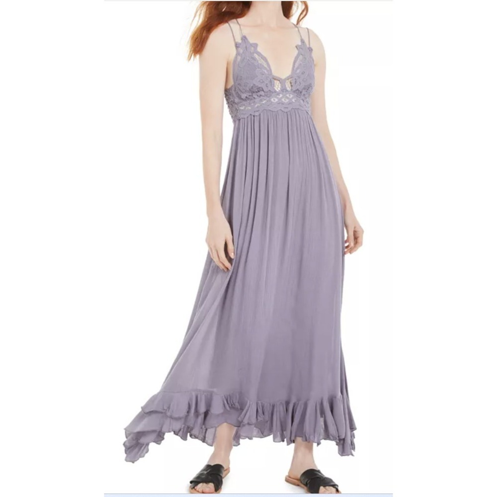 Free People‎ Adella Lace Maxi Dress Lavender Purple Lace Strap Ruffle S/P